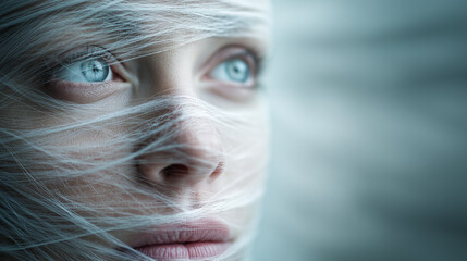 Conceptual Portrait of Person with Chronic Pain, Wrapped in Translucent Filaments, Gazing Out Window with Resilient Expression