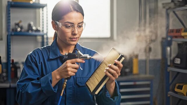 Female mechanic cleaning air filter with compressed air gun in workshop. Professional woman technician blowing dust from car part. Automotive maintenance concept