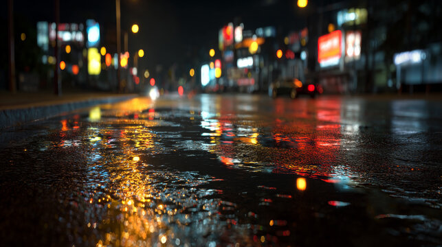 City streets glimmer under neon lights after a night rain with reflections creating a vibrant urban scene - Powered by Adobe