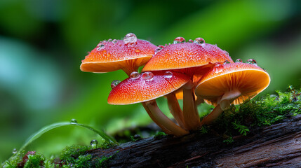 Macro Shot of Vibrant Medicinal Fungi Growing on Bark with Dew Droplets and Morning Forest Light