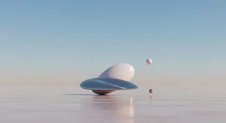 An impossible, minimalist landscape featuring a smooth, reflective object hovering above an endless, pale floor under a vast sky ,dream ,rendering ,backdrop