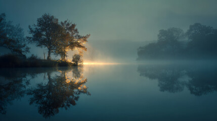Gentle morning mist blankets a serene lake, highlighting silhouettes of trees and warm light reflecting on calm waters