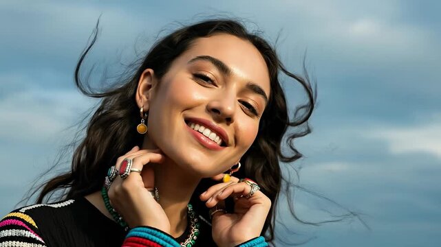 Young Woman with Ethnic Jewelry Smiling Outdoors in Colorful Accessories Against a Scenic Sky Background