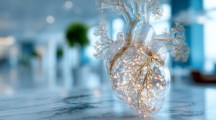 Minimalist 3D Illustration of Human Heart with Glowing Arterial Networks on Polished Marble Blue Background, Sophisticated Medical Art.
