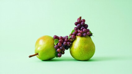 Two green pears with a bunch of purple grapes resting on top against a pastel green background. Fresh fruit arrangement.
