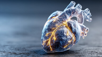 Minimalist 3D Illustration of Human Heart with Glowing Arterial Networks on Polished Marble Blue Background, Sophisticated Medical Art.