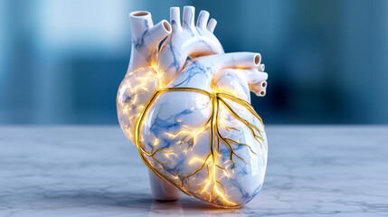 Minimalist 3D Illustration of Human Heart with Glowing Arterial Networks on Polished Marble Blue Background, Sophisticated Medical Art.