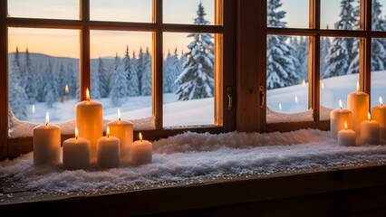 St brigid's day winter solace candles on a snowy window sill at dusk