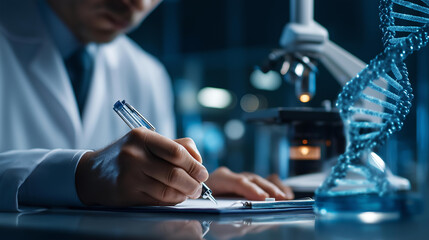 Doctor writing DNA graph history biochemical research microscope laboratory work human DNA detection analysis abnormality checking scientific experiment concept with copy