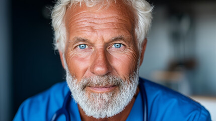Elderly Doctor Holding Stethoscope, Backlit by Warm Clinic Window, Gentle Rim Light, Compassionate and Trustworthy Mood.
