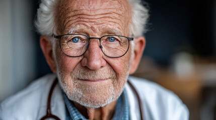 Elderly Doctor Holding Stethoscope, Backlit by Warm Clinic Window, Gentle Rim Light, Compassionate and Trustworthy Mood.