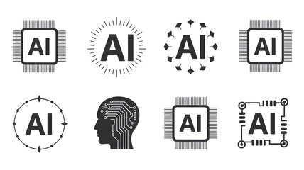 Artificial intelligence icons set with chip brain and processor symbols
