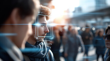 Facial recognition technology scanning crowded area biometric identification system IOT surveillance camera security motion detection people identification using big data and