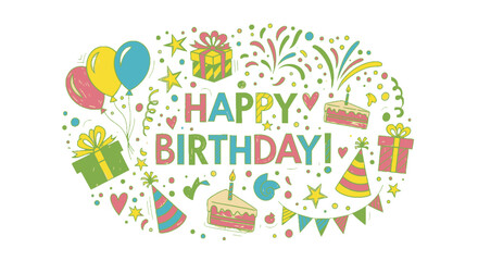 Colorful birthday celebration design with balloons and gifts.