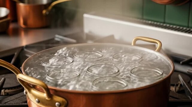 Copper Pot Boiling Water on Gas Stove in Modern Kitchen with Green Tiles and Copper Cookware for Culinary Enthusiasts