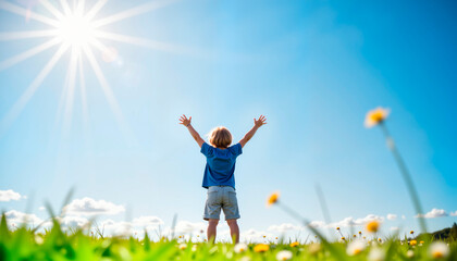 Happy child raising arms in sunny field with blue sky  
