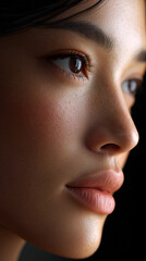 Close-up asian woman face with natural skin texture and pores, realistic beauty portrait with soft light and minimal makeup for skincare ads, dermatology, cosmetics branding and retouching concepts