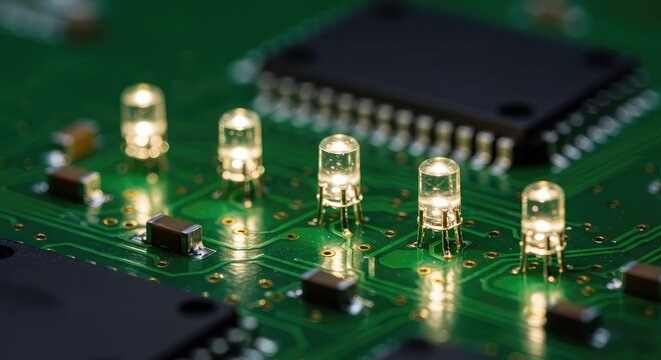 Detailed macro shot of surface-mounted light-emitting diodes on a green electronic circuit board illustrating modern digital technology ,LED ,science ,current