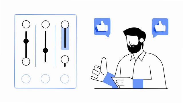a man pointing upwards with sliders icons and thumbs up feedback displayed