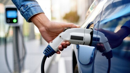 A hand is connecting an electric vehicle charger to a car at a charging station. Electric vehicle charging concept.