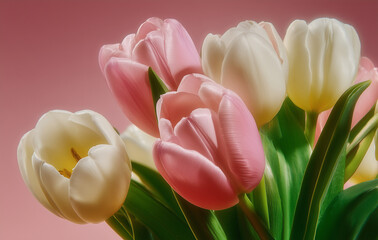 Vintage tulip bouquet close-up with soft bokeh background, pink and white spring flowers in retro ugc aesthetic for greeting cards, floral branding, social media posts and seasonal ads