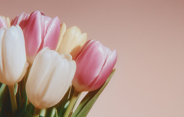 Vintage tulip bouquet close-up with soft bokeh background, pink and white spring flowers in retro ugc aesthetic for greeting cards, floral branding, social media posts and seasonal ads