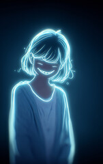 Cute glowing devil girl character illustration with neon outline, horns and tail on dark background, minimal spooky fantasy design for halloween posters, stickers, apps and branding