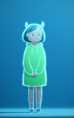 Cute glowing devil girl character illustration with neon outline, horns and tail on dark background, minimal spooky fantasy design for halloween posters, stickers, apps and branding