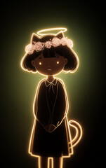 Cute glowing devil girl character illustration with neon outline, horns and tail on dark background, minimal spooky fantasy design for halloween posters, stickers, apps and branding