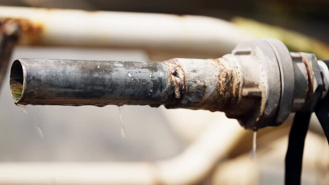 Close-up of an old rusty water pipe with water dripping. Symbol of leakage, decay, infrastructure damage, or plumbing problems in industrial or rural areas.