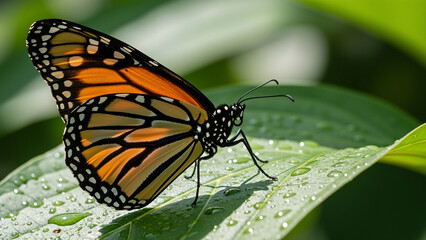 Naklejka premium Monarch butterfly perched on leaf with water droplets in sunlight 
