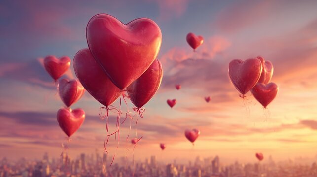 Floating red heart balloons against a vibrant sunset sky, tied with ribbons and drifting over a cityscape, Valentine's Day celebration,