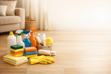 Complete Cleaning Supplies Set In Home Interior.
Full set of sprays sponges and gloves neatly arranged on floor in warm neutral interior representing household cleaning and care products.