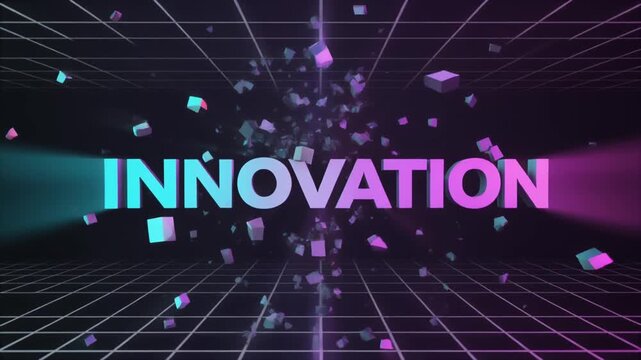 A vibrant digital illustration featuring the word 'INNOVATION' in glowing gradient text, surrounded by exploding geometric cubes on a futuristic grid background.