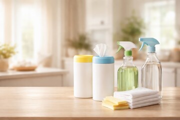 Cleaning Wipes And Spray Bottles On Table.
Wipes and spray bottles arranged on table in modern home interior with soft daylight for household hygiene and cleaning product marketing.