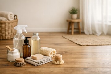 Eco Friendly Cleaning Products In Glass Bottles.
Eco cleaning liquids in glass bottles on wooden floor in warm neutral interior showing sustainable household care concept.