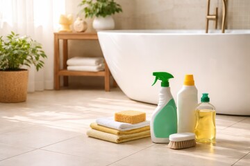 Bathroom Cleaning Products Near Bathtub Interior.
Bathroom detergents and sprays placed near bathtub on tiled floor in warm neutral light showing home hygiene and cleaning routine.