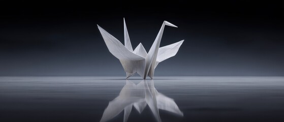 Fototapeta premium Exquisitely Crafted Minimalist Origami Crane on Reflective Surface