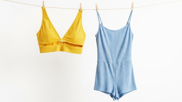 Yellow bralette and blue romper drying on a clothesline against a clean white background