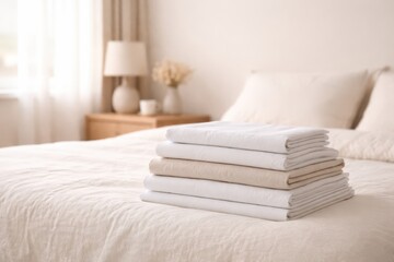 Folded Bed Linen In Cozy Bedroom Interior.
Neatly folded bed linen placed on bed in soft daylight with neutral colors for bedroom textile and home comfort promotion.