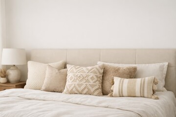 Decorative Cushions On Bed In Modern Bedroom.
Decorative cushions arranged on bed near headboard in warm neutral bedroom interior with soft daylight for home decor marketing.