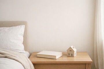 Book And Decor Object On Bedside Table.
Book and small decor item placed on bedside table in cozy bedroom interior with soft daylight and neutral tones for lifestyle illustration.