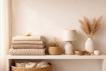 Bedroom Shelf With Textiles And Decor Objects.
Shelf with folded textiles and decor items in modern cozy bedroom interior with soft daylight and neutral color palette.