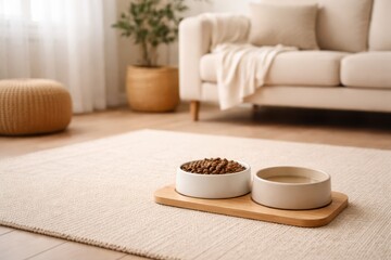 Pet Food Bowls In Cozy Living Room Interior.
Two pet food bowls placed on floor in modern living room with soft daylight and neutral colors representing everyday pet care and home lifestyle concept.