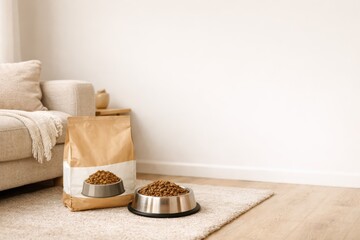 Bag Of Pet Food With Bowl At Home.
Pet food bag and feeding bowl on floor near sofa in warm neutral interior showing home pet care and modern household supply concept.