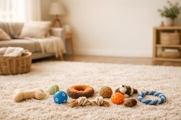 Pet Toys On Rug In Cozy Home Interior.
Colorful pet toys arranged on soft rug in living room with warm daylight representing playful pet care products and home lifestyle atmosphere.