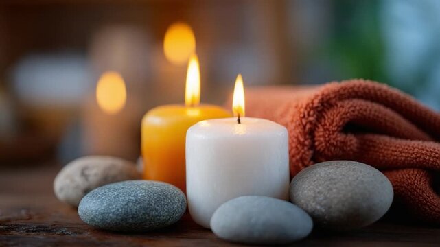 Serene Ambiance: A close-up shot presents a tranquil scene, illuminated by the warm glow of flickering candles, complemented by smooth stones and a cozy towel, inviting relaxation.