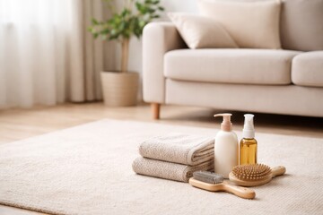 Pet Grooming Products In Cozy Living Room.
Brush shampoo and towel arranged on floor near sofa in soft daylight showing pet hygiene products and modern home care lifestyle.