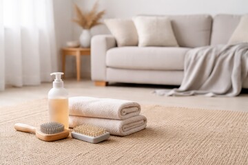Pet Grooming Products In Cozy Living Room.
Brush shampoo and towel arranged on floor near sofa in soft daylight showing pet hygiene products and modern home care lifestyle.