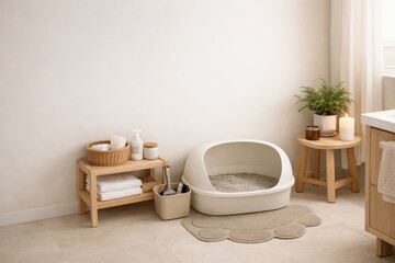 Cat Litter Box With Accessories In Bathroom.
Clean litter box and pet hygiene accessories placed in bathroom interior with soft daylight and neutral colors for home pet care concept.